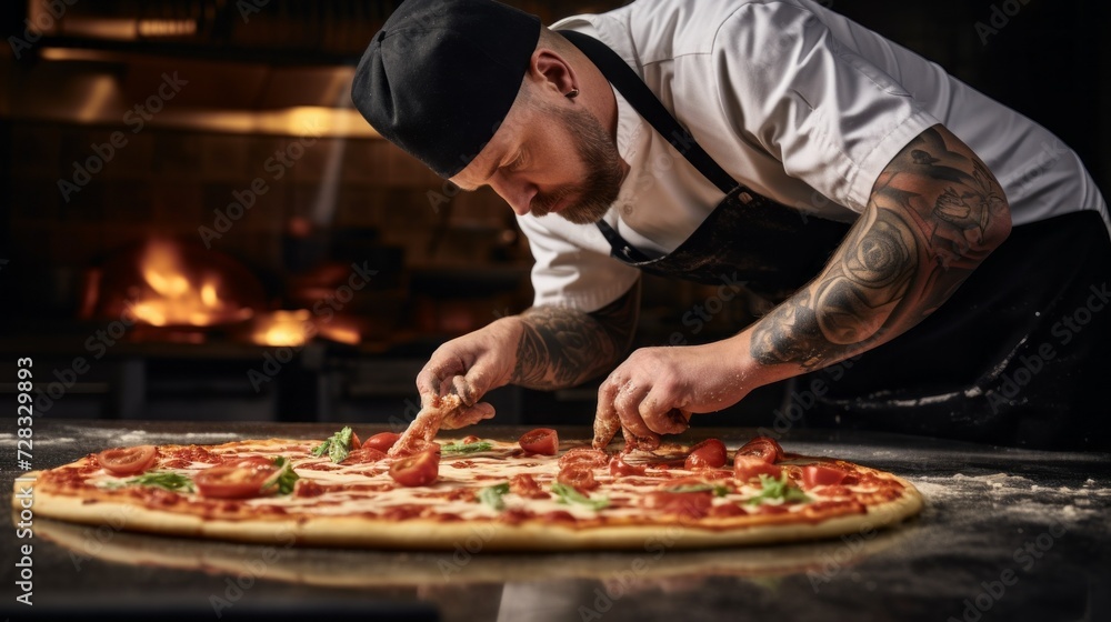 Close-up of a male chef preparing homemade pizza in a pizzeria, removing it from the fire on a wooden table against the background of the oven. Italian food, cafe and restaurant cuisine concepts.