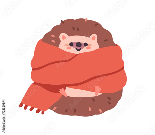 Cute funny hedgehog wrapped in warm scarf. Happy smiling kawaii forest animal in cold winter weather. Adorable sweet kids character. Childish flat vector illustration isolated on white background