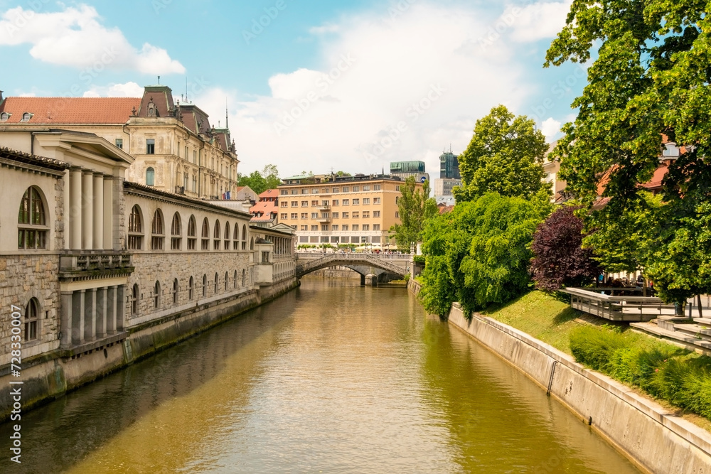 Slovenia, Ljubljana, Ljubljanica river and Central Market building in summer Slovenia, Ljubljana, Ljubljanica river and Central Market building in summer