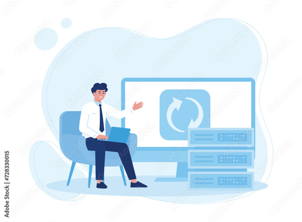 man with laptop synchronizing big data concept flat illustration man with laptop synchronizing big data concept flat illustration
