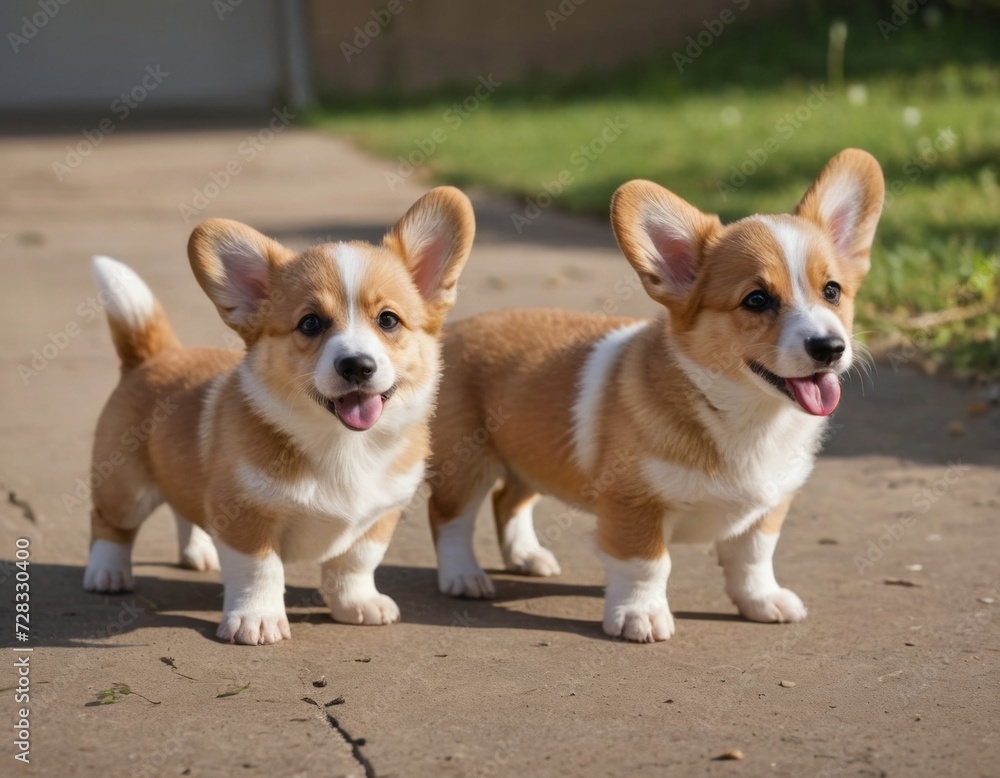 Corgi puppies on a walk. Corgi puppies on a walk.