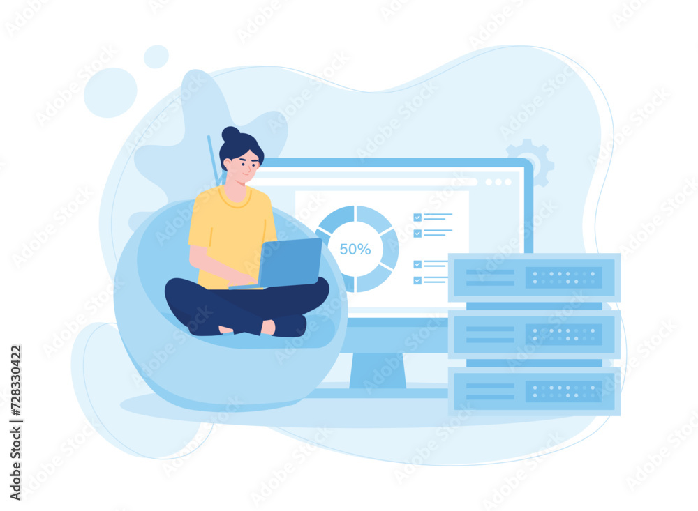 woman with laptop analysis data storage via website concept flat illustration woman with laptop analysis data storage via website concept flat illustration