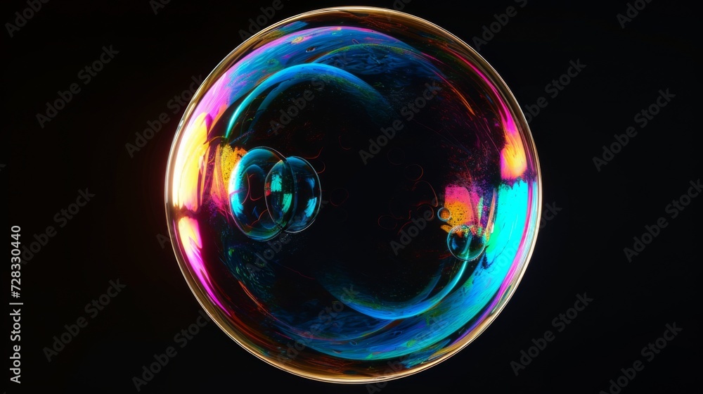 Closeup of a shiny soap bubble with reflection on black background Closeup of a shiny soap bubble with reflection on black background