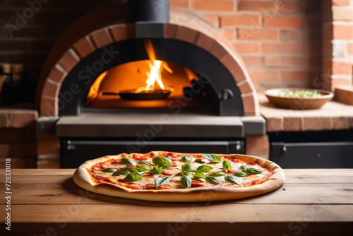 Italian pizza resting on a table with the blurred background of a pizza oven