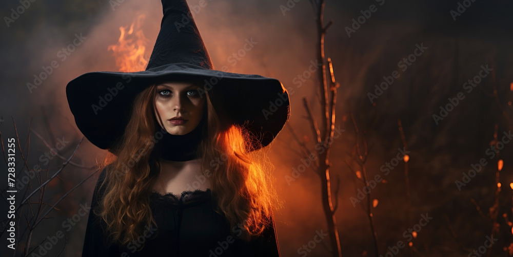 Banner Portrait of a Witch. Copy space - obrazy, fototapety, plakaty 