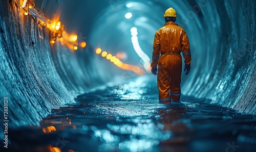 A worker walks in a round tunnel through water.
