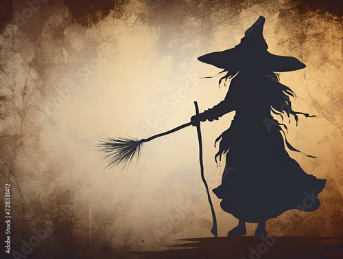 The shadow of the silhouette of a witch with a broom on a textured background. photo