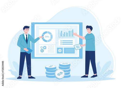analysis and monitoring with business teams on monitoring report dashboards concept flat illustration
