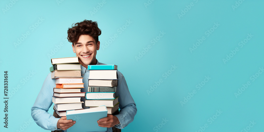 Young teenage students with a stack of many books Young teenage students with a stack of many books