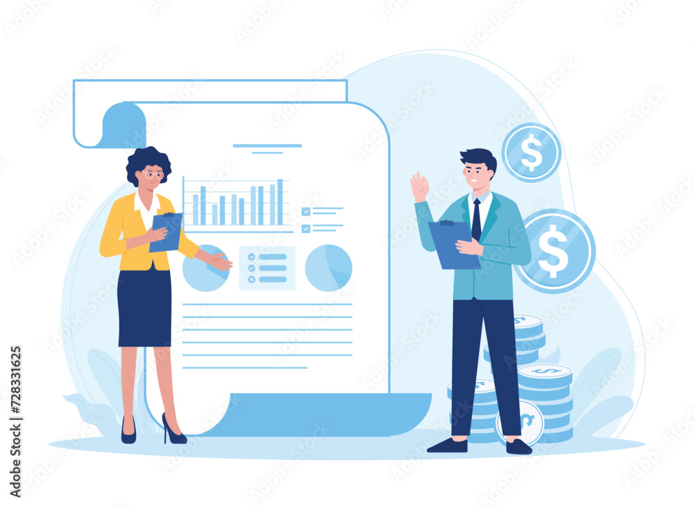 business woman and business man with diagram document information concept flat illustration