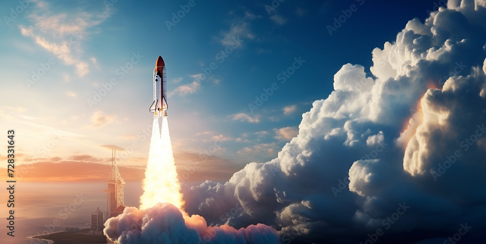 3D Rendering Rocket Space Launching Illustration, International Day for Human Space Flight concept - obrazy, fototapety, plakaty 