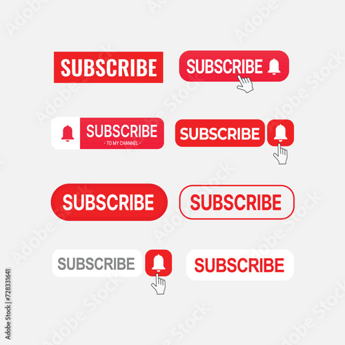 Set of big collection Subscribe button with hand click icon. Subscribe, bell button and hand cursor bundle. Red button subscribe to channel, blog. Social media background. subscribe button bundle.