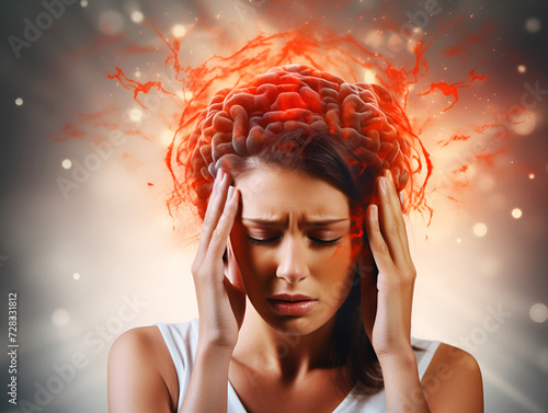 Woman having headache. stressed, Migraine, World Brain Tumor day, Brain Stroke, Dementia, alzheimer, parkinson and world mental health concept photo