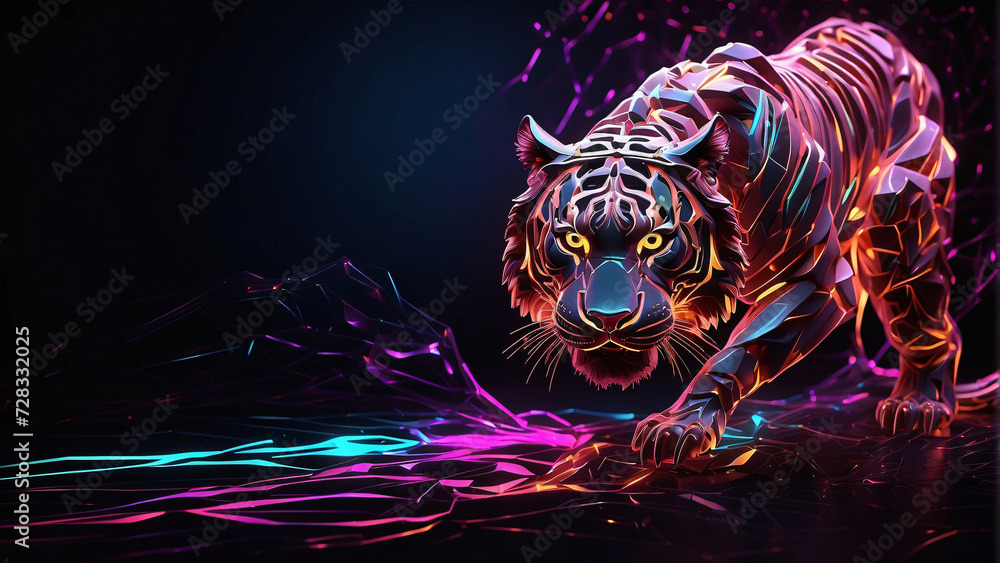 tiger in colorful striped style on dark background