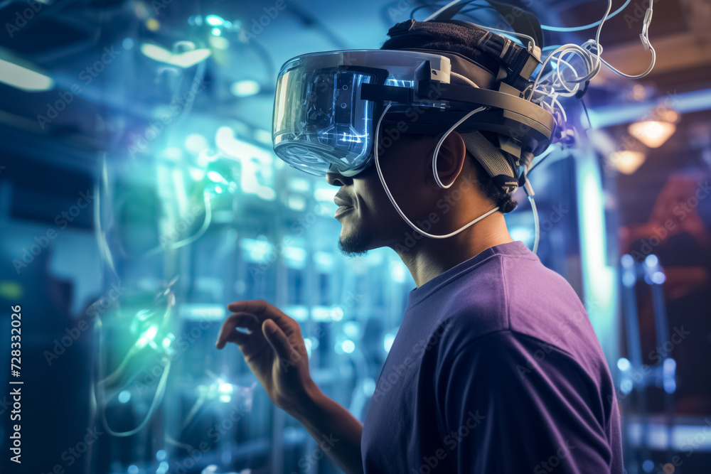 Man patient uses neural interface for virtual reality therapy. Picture in VR digital glasses provides man dynamic platform for rehabilitation Man patient uses neural interface for virtual reality therapy. Picture in VR digital glasses provides man dynamic platform for rehabilitation