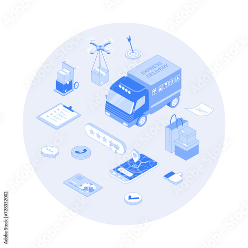 Delivery Service. Express delivery, Online tracking shipping order. Delivery truck, drone, mobile app, parcels. Vector outline illustration with isometry scene for web graphic