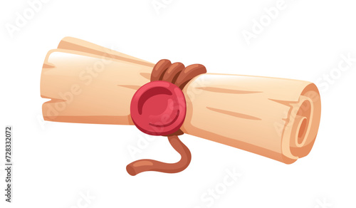 Old parchment scroll. Ancient paper roll, papyrus with twine and wax seal. Medieval document. Antique historical letter with stamp and rope. Flat vector illustration isolated on white background