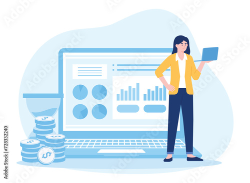 investors with laptops monitor growth and invest capital  analyze profit graphs concept flat illustration
