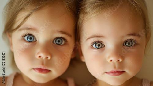 A pair of young identical twins confidently gaze into the camera's lens