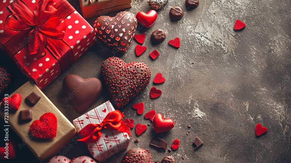 Valentines Day background with chocolates, hearts and presents Valentines Day background with chocolates, hearts and presents