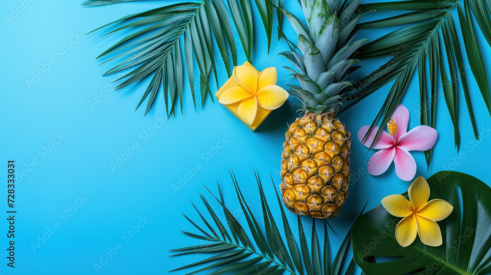 Fototapeta Top view pineapple with tropical palm tree and leaves on blue background, Minimal fashion summer holiday concept. Flat lay