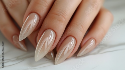 Woman's hands, featuring a neutral and elegant manicure.