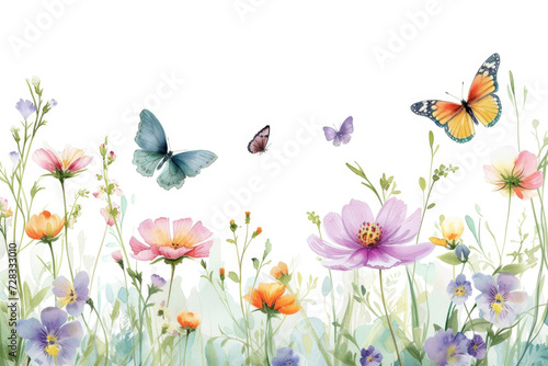 An watercolor painting of picturesque meadow blooms with gracefully fluttering butterflies