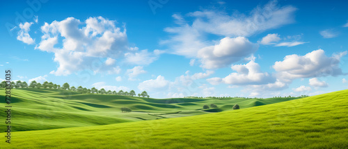 Beautiful countryside, Summer nature photography of lush green pastures and clear blue sky.