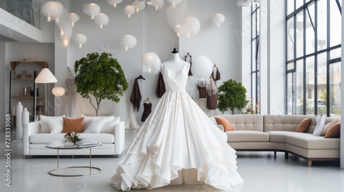 An exclusive fashion showroom with pristine white walls and avant-garde sprin...