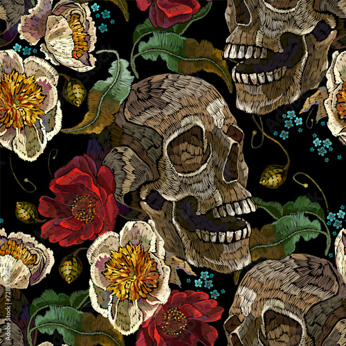 Embroidery human skull, red roses and yellow peones flowers. Medieval style. Seamless pattern. Dark gothic art. Halloween art. Fashion clothes template and t-shirt design