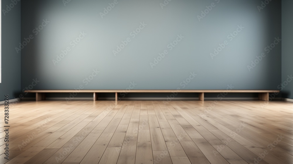 Fototapeta premium An upscale empty conference stage with polished wood flooring and a sophisticated gray backdrop.