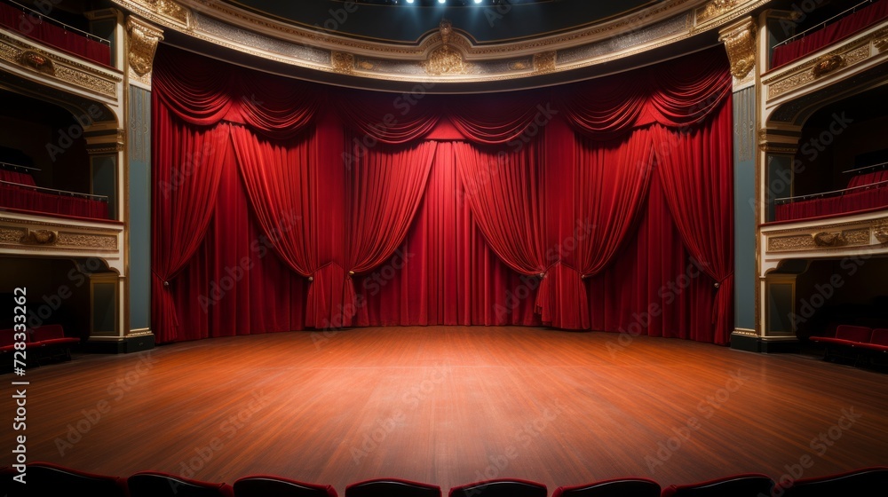 An upscale empty theater stage with dramatic, floor-to-ceiling red curtains and a classic backdrop.