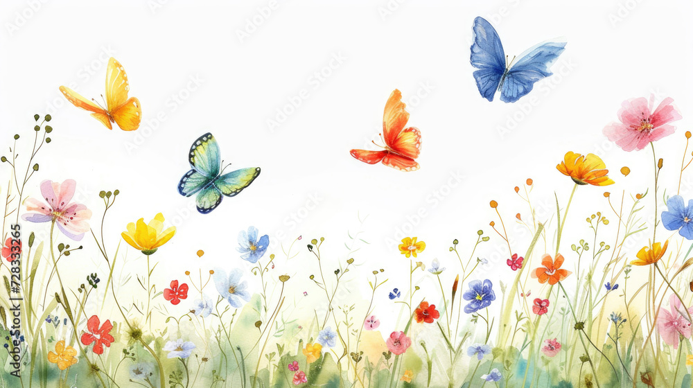 A watercolor painting of meadow blossoms surrounded by floating butterflies