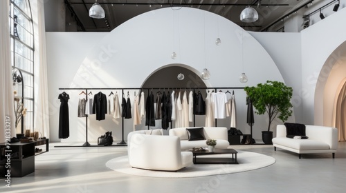 An exclusive fashion showroom with pristine white walls and avant-garde sprin...