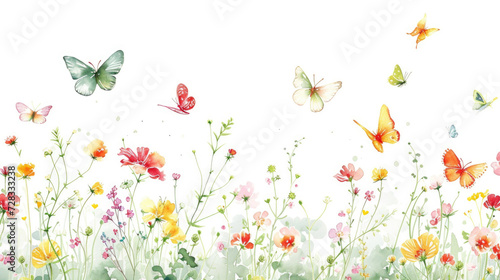 A watercolor painting of meadow blossoms surrounded by floating butterflies