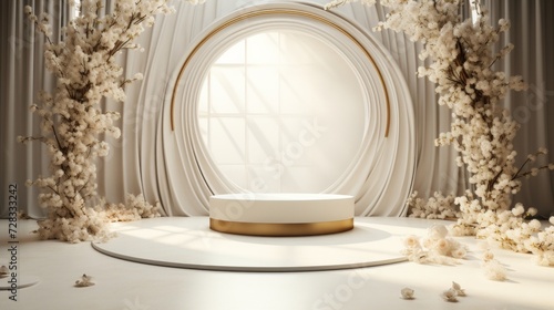An opulent spring fashion stage with minimalistic gold and white decor, exudi...