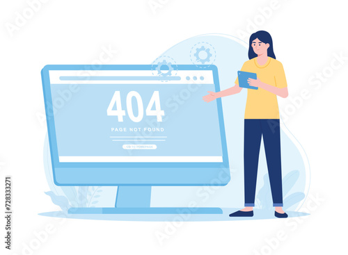 a woman shows a 404 error page not found concept flat illustration