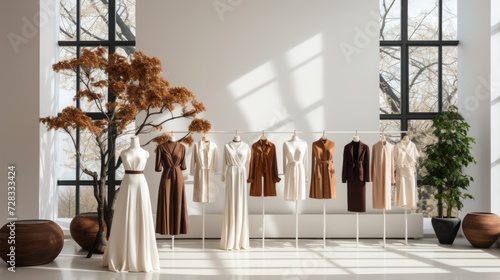 An exclusive fashion showroom with pristine white walls and avant-garde sprin...