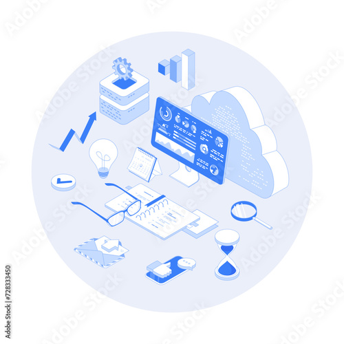 Data reporting, analysis, analytics, auditing. Data monitoring and marketing. Graphs and charts on the monitor screen. Vector outline illustration with isometry scene for web graphic