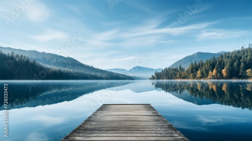 An unoccupied platform on a tranquil lakeshore  with mirror-like waters reflecting the surroundings.