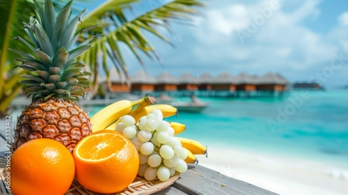 Fresh tropical fruits on a wooden table against the backdrop of the sea coast on a sunny summer day.