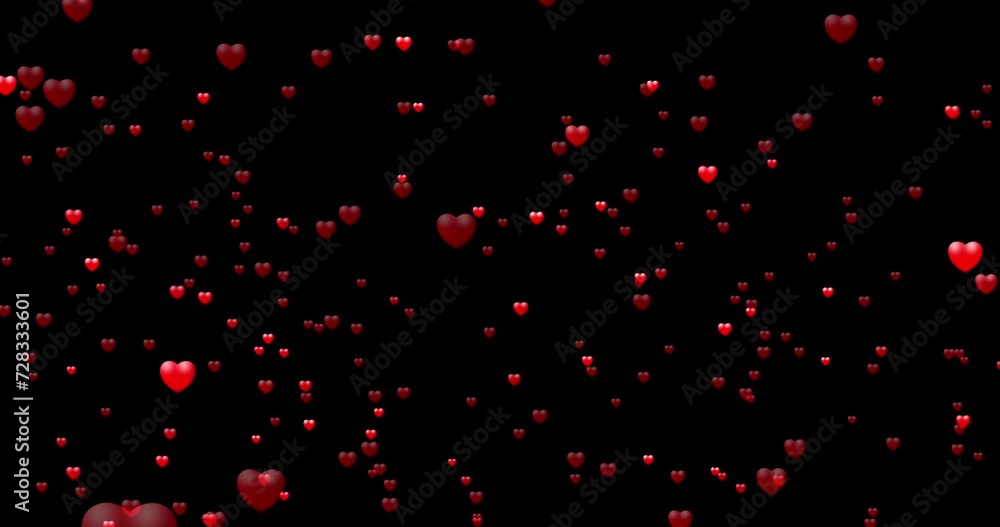 Red hearts falling from above on a black background. Valentine's Day. Seamless looping animation. Red hearts falling from above on a black background. Valentine's Day. Seamless looping animation.