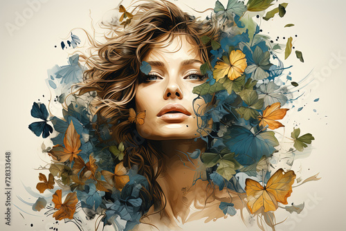 Stunning portrayal of a womans face surrounded by a flurry of colorful autumn butterflies, merging natures beauty with a touch of human grace.