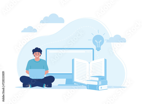 man with laptop sitting  online education concept  distance learning concept flat illustration