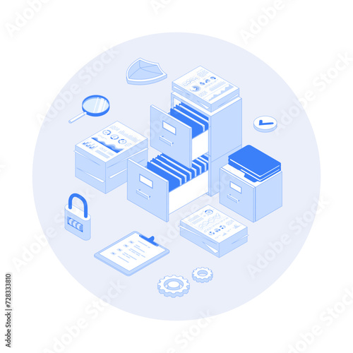 File organization service. Document archiving concept. Organized data storage system. Drawers with folders and documents. Vector outline illustration with isometry scene for web graphic
