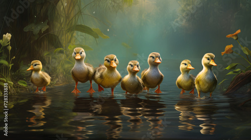  Ducklings are paddling in a pond