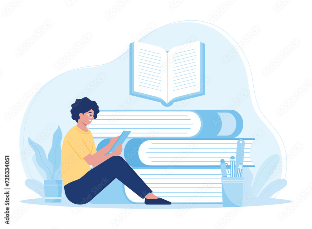 woman sitting and reading a book learning concept flat illustration woman sitting and reading a book learning concept flat illustration