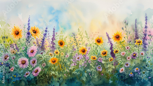 A watercolor of a dreamy, blossoming meadow