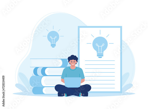 man with laptop sitting online tests and student test quiz answer sheets concept flat illustration