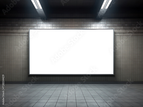 Billboard on modern underground wall mockup. Large panoramic frame in subway station. Generative Ai